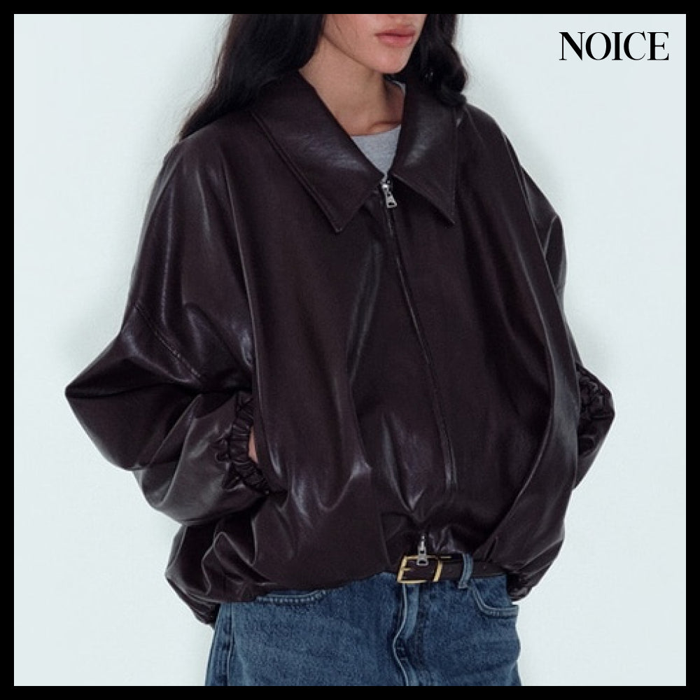 【NOICE  】W FAUX LEATHER SHIRRED BLOUSON BROWN