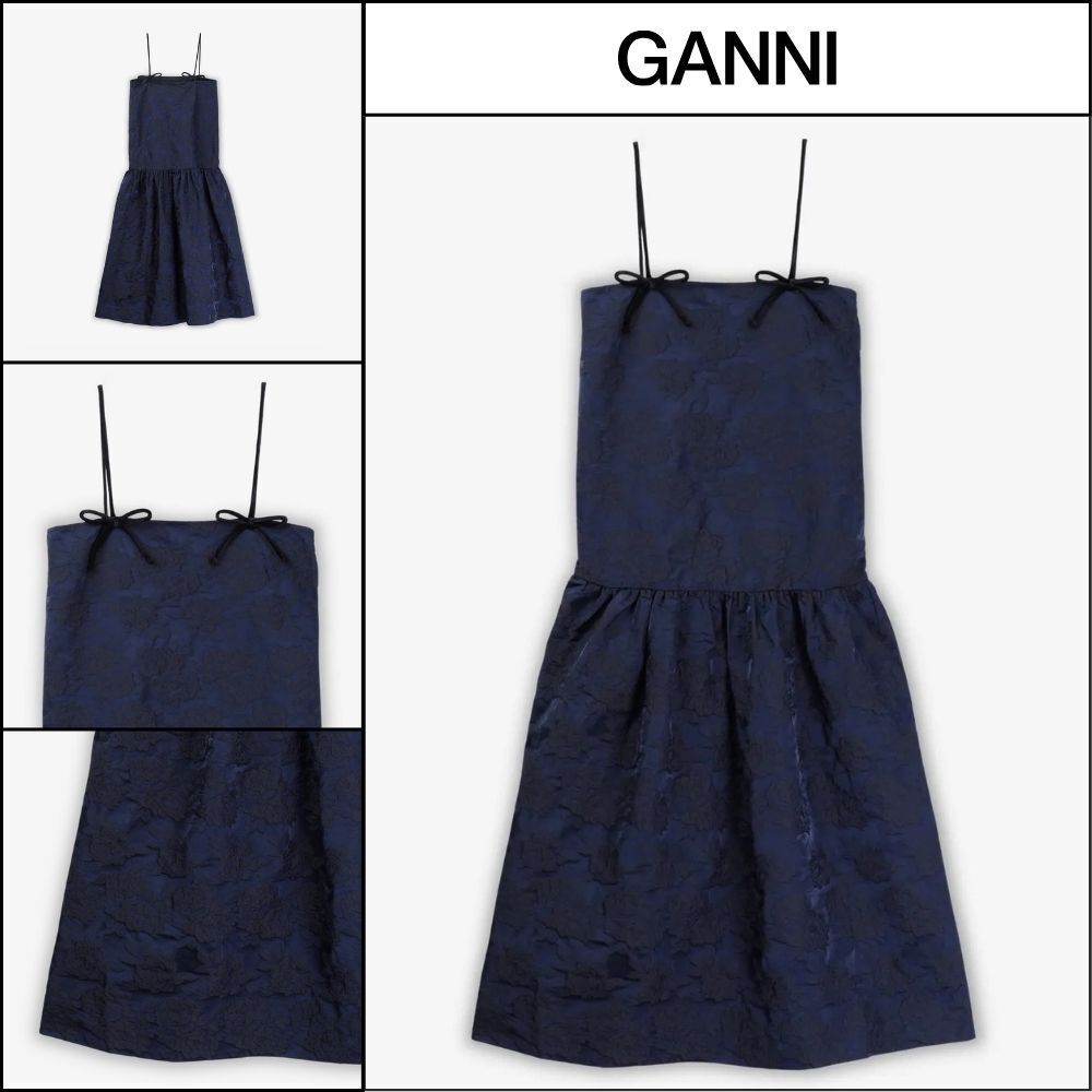 【Ganni】Botanical Jacquard Strap Midi Dress Peacoat