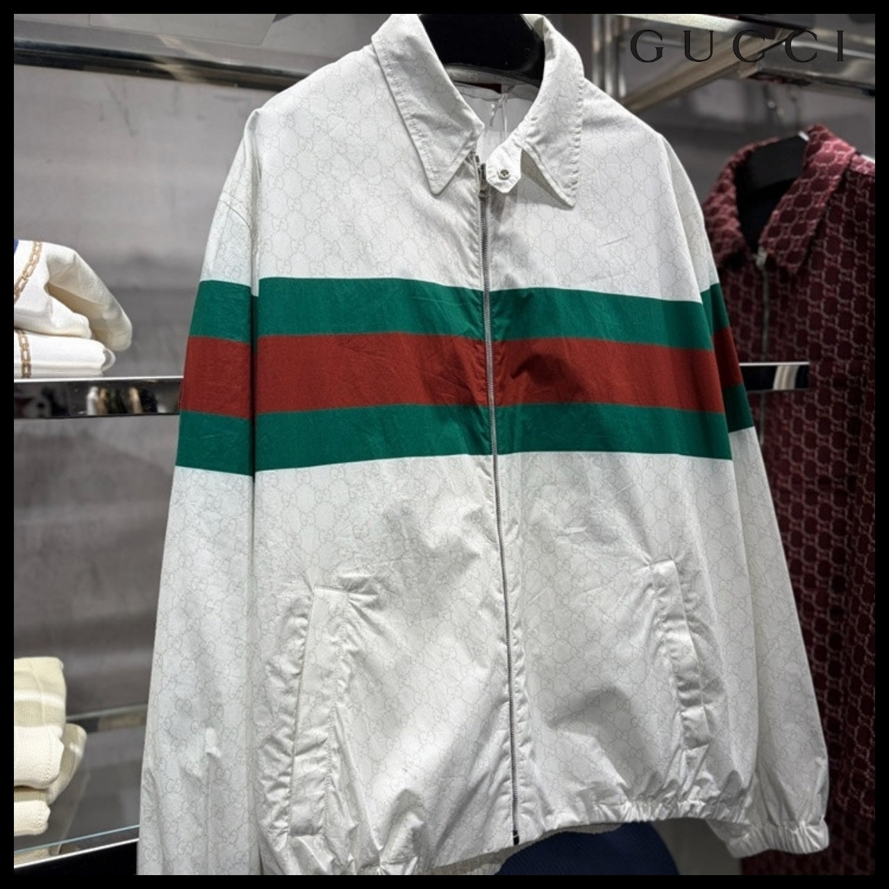 【GUCCI】1921 GG Print Web Cotton Blouson Jacket White Green