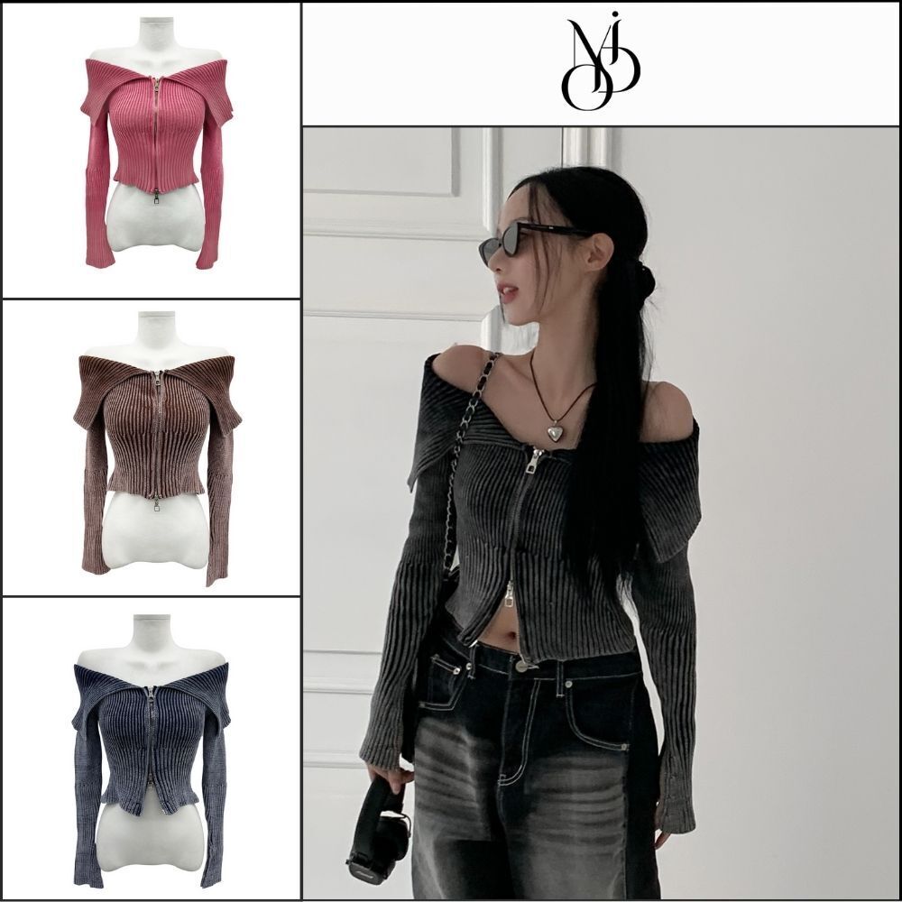 【MODIMOOD】Two-Tone Rib Collar Two-Way Off-Shoulder Knit