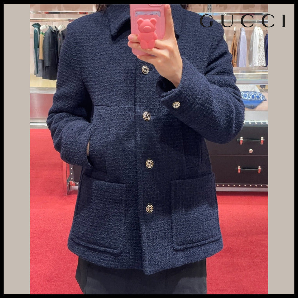 【GUCCI】Wool Blend Boucle Peacoat Jacket Night Sky