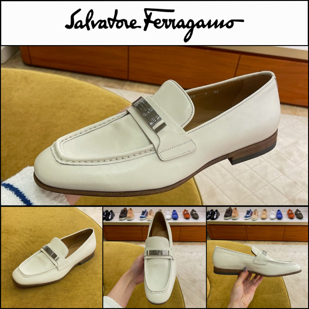 【FERRAGAMO】DUMAS SILVER BAR LOAFERS WHITE
