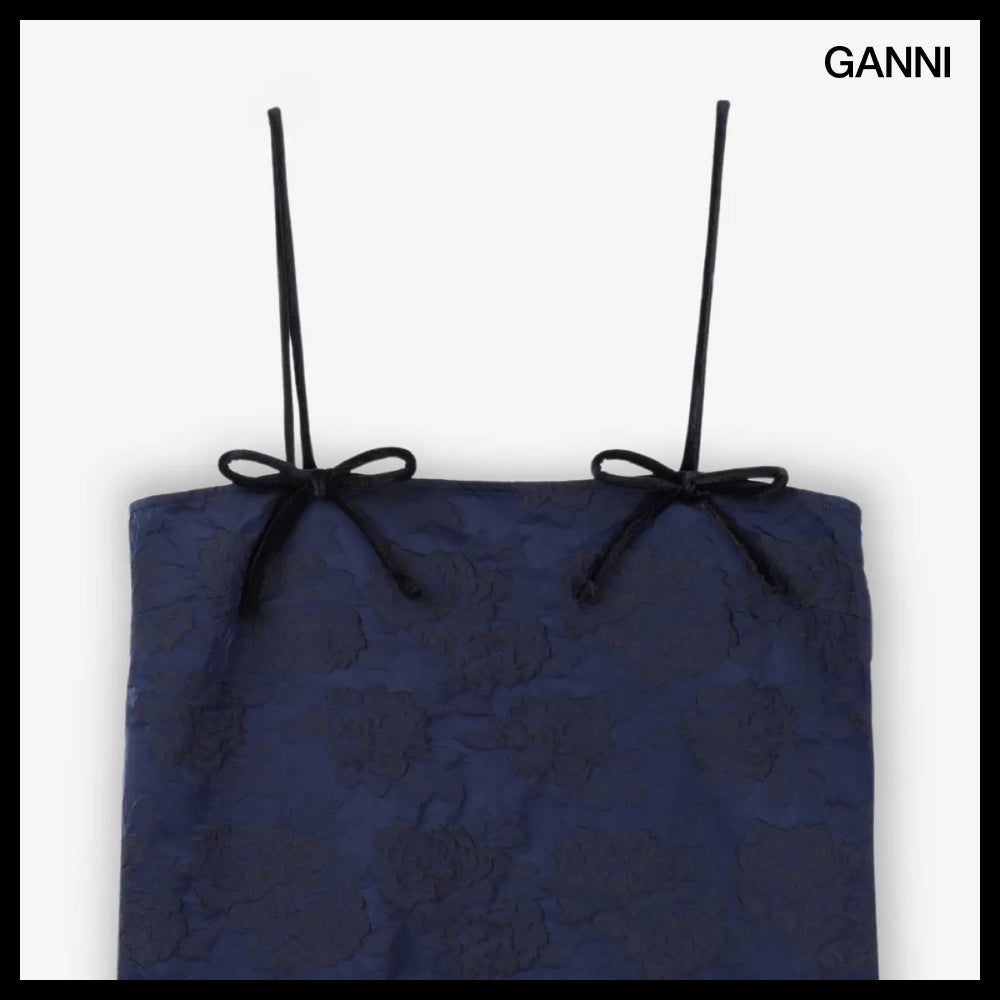 【Ganni】Botanical Jacquard Strap Midi Dress Peacoat