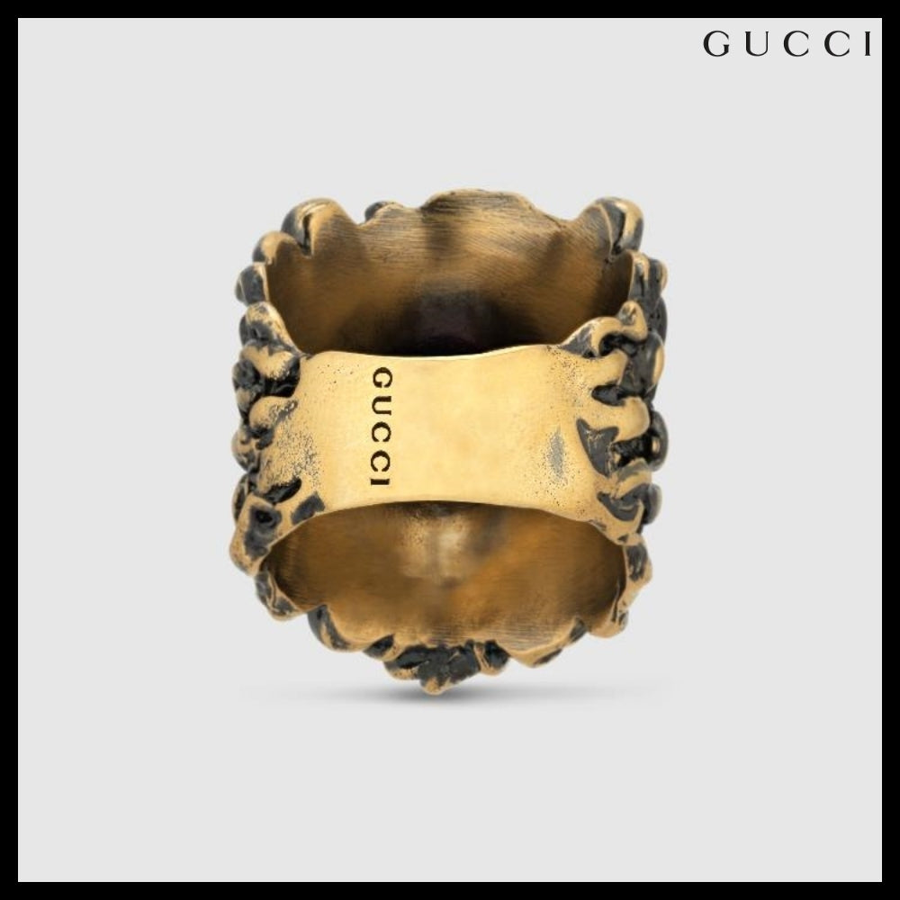 【GUCCI】Lion Head Metal Wide Ring Gold