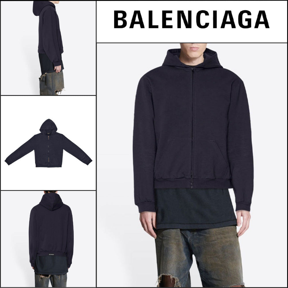 【BALENCIAGA】Tab Worn-Out Zip-Up Hoodie Black