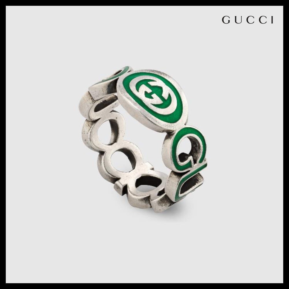 【GUCCI】Interlocking Enamel Silver Ring Green