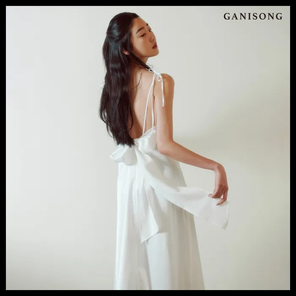 【GANISONG】Bridal Back Ribbon Dress White