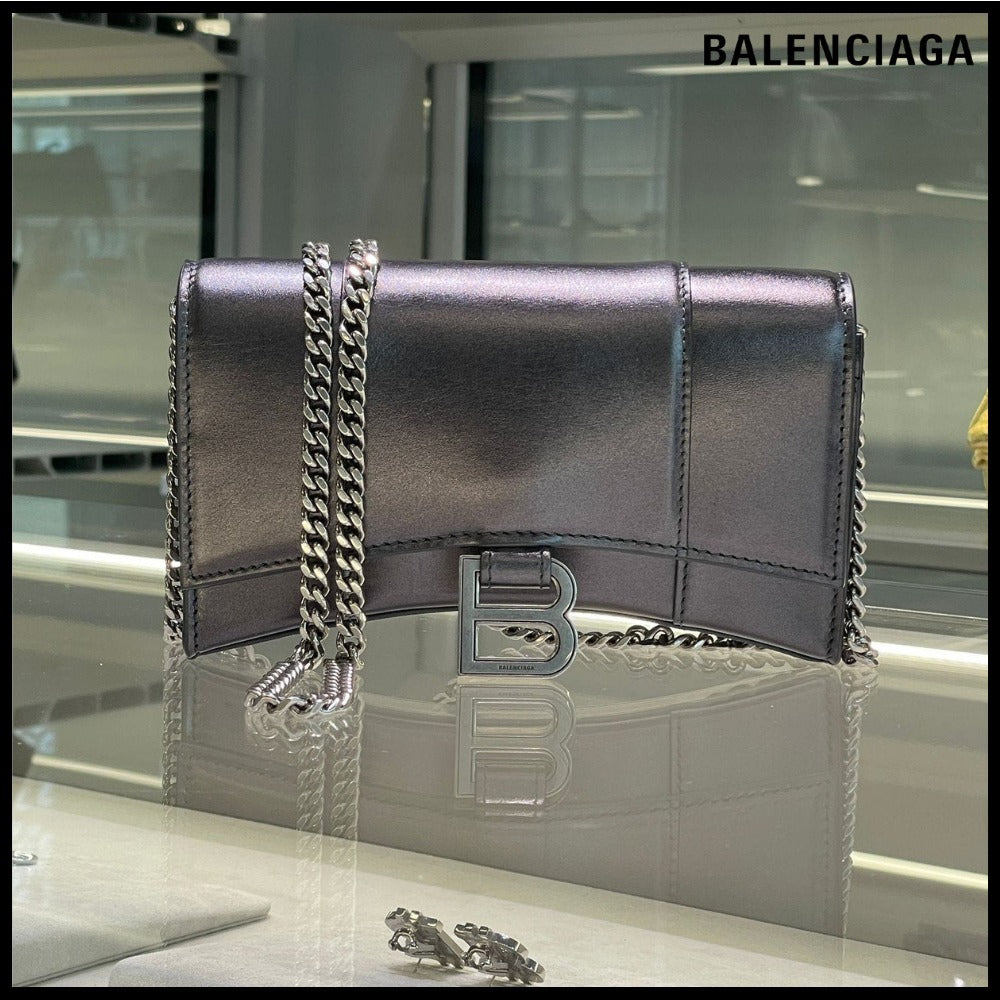 【BALENCIAGA 】Hourglass Metallic Calf Wallet Chain