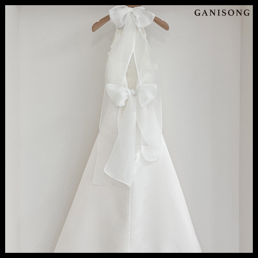 【GANISONG】Bridal Fluffy Rose Halterneck Dress White