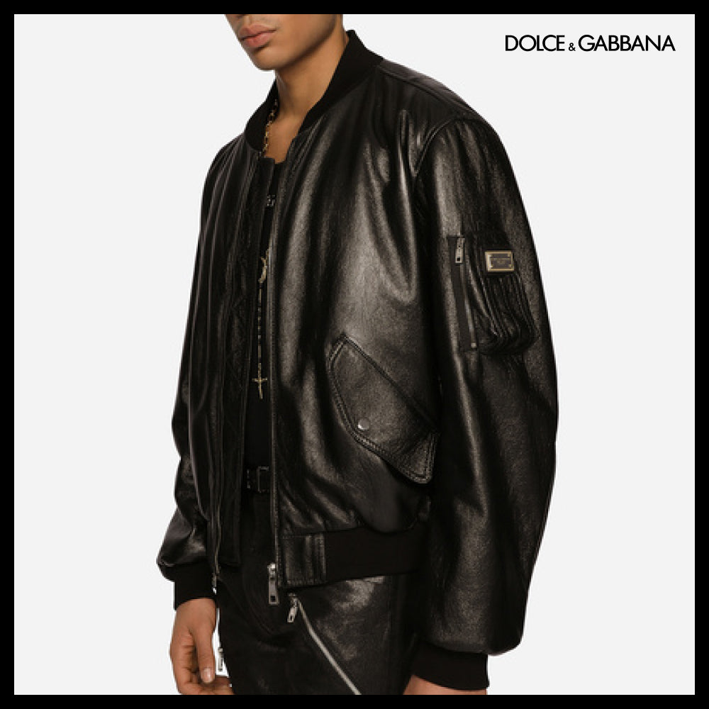【Dolce & Gabbana】Leather Jacket with Branded Tag