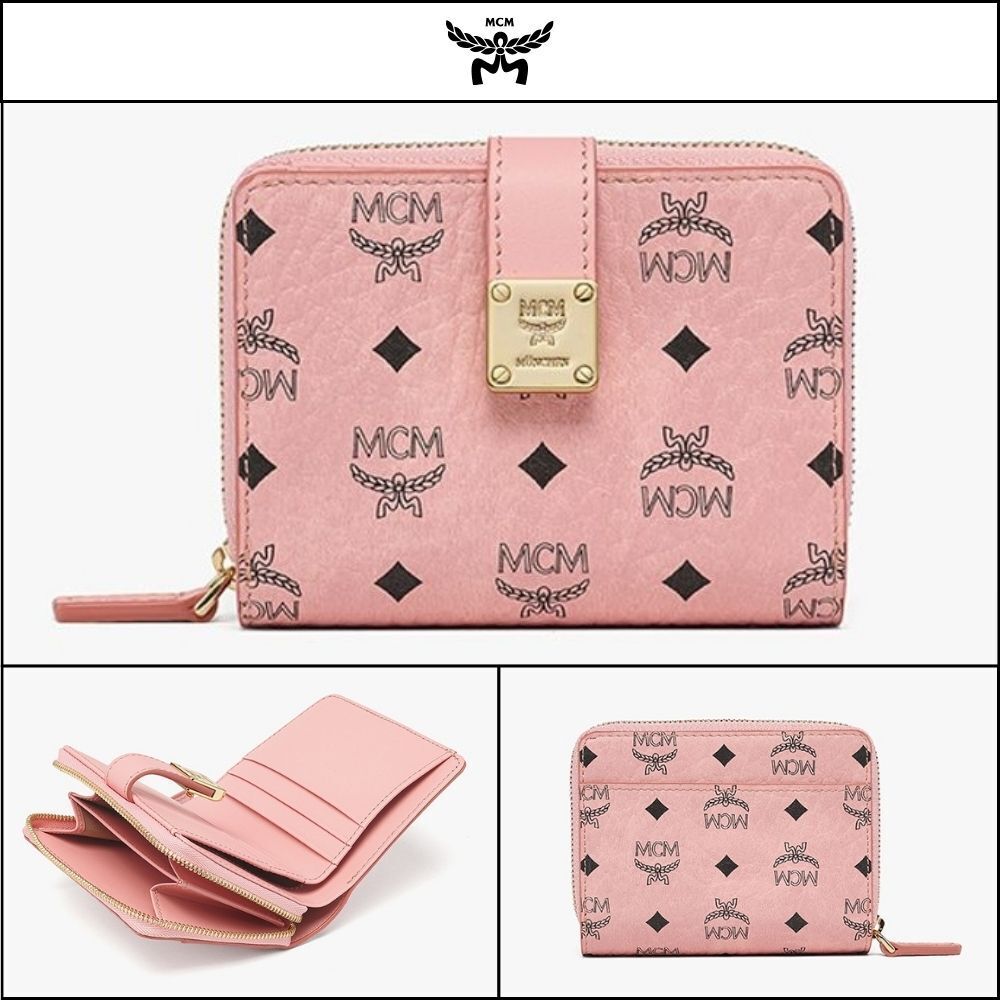 【MCM】Visetos brass plate wallet Pink