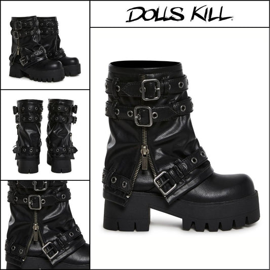 ◆DOLLS KILL◆DARKER WAVS Warp Combat Boots Black
