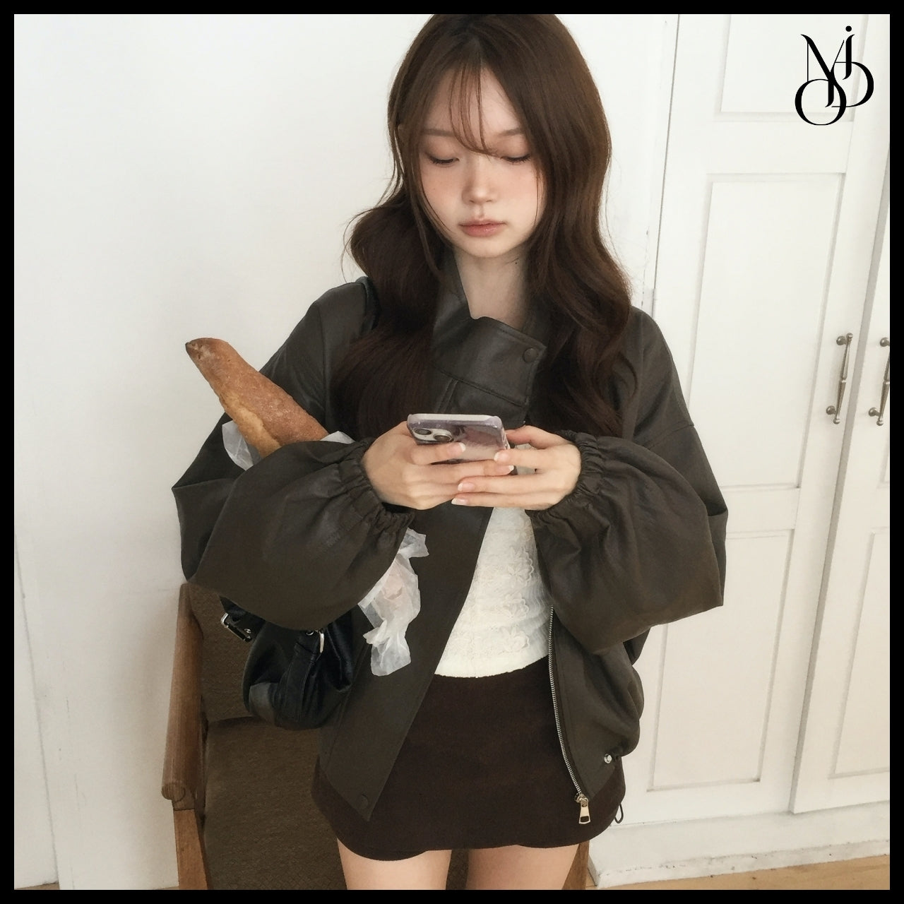 【MODIMOOD】Purple High Neck Leather Jacket 3 Colors