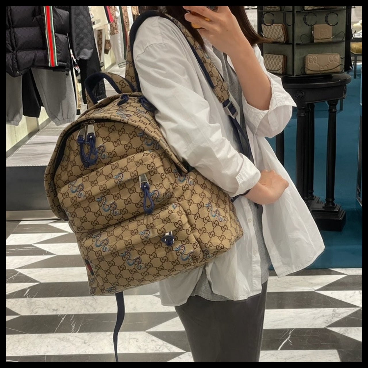 【GUCCI】GG Snake Canvas Medium Backpack Beige Ebony