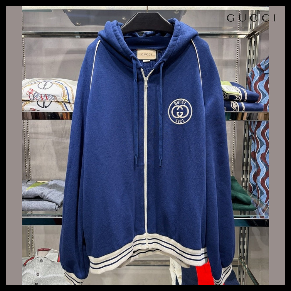 【GUCCI】Interlocking Embroidered Cotton Hooded Zip-Up Jacke