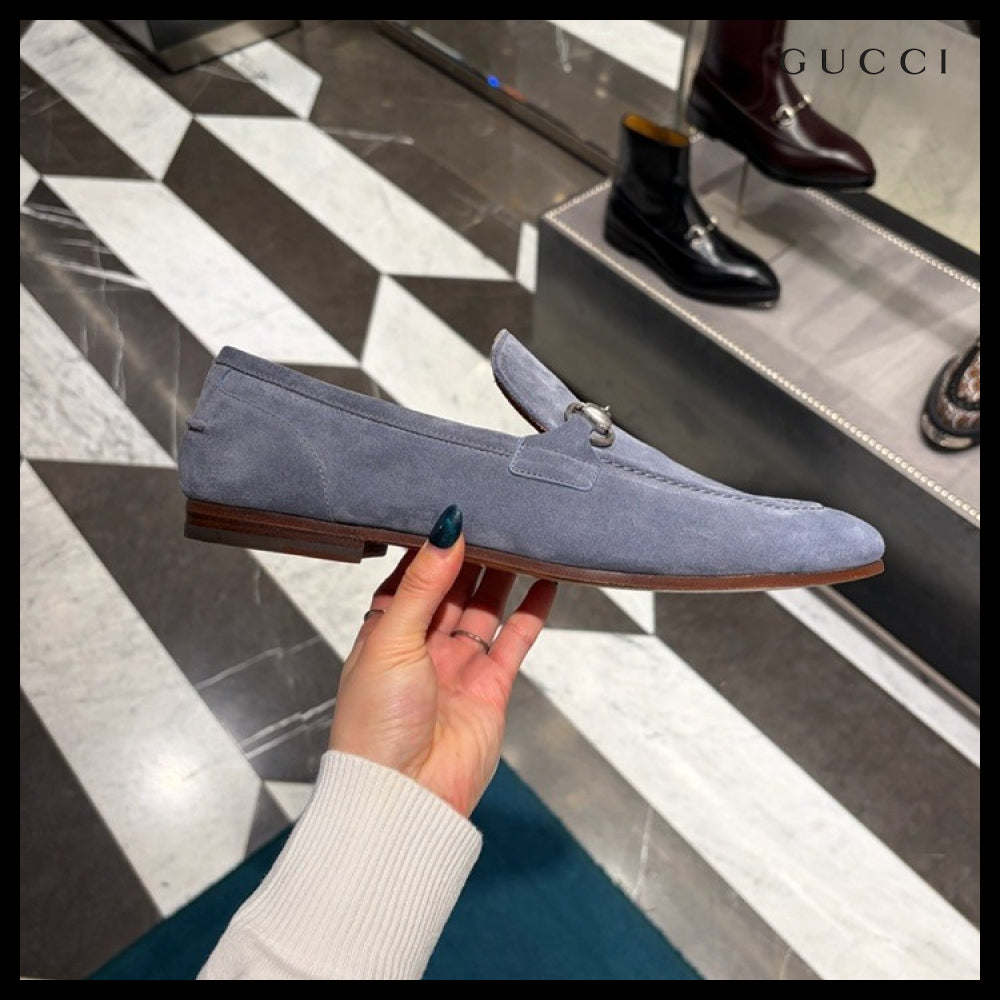 【GUCCI】JORDAN Horsebit Suede Men’s Moccasin Loafers Blue