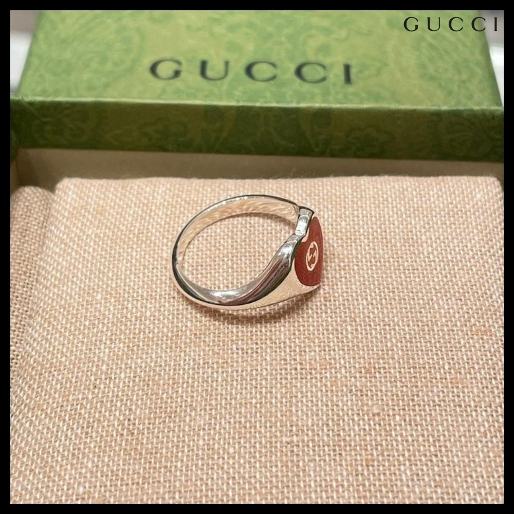 【GUCCI】Interlocking G Enamel Heart Ring Silver Red