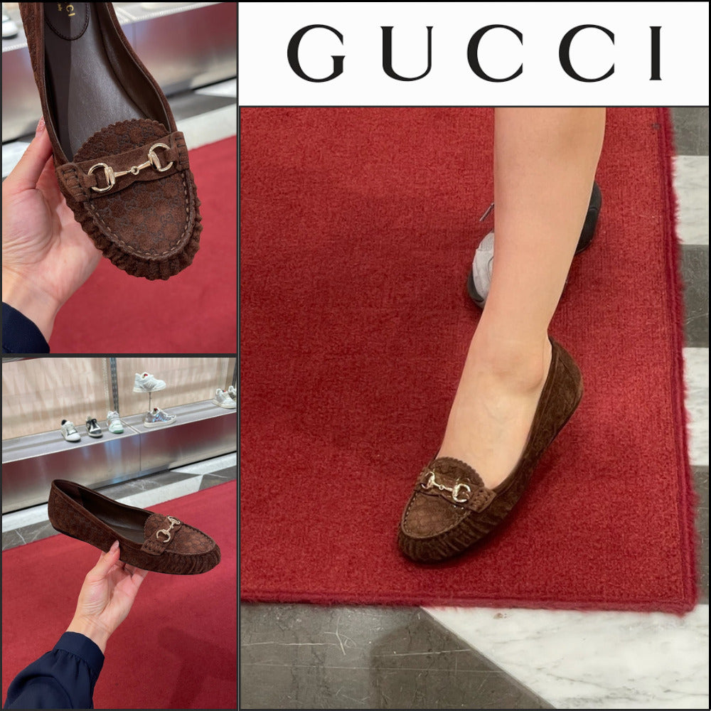 【GUCCI】Kensington GG Horsebit Suede Ballerina Flats Brown