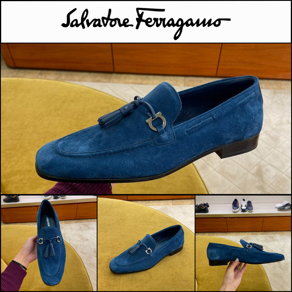 【FERRAGAMO】BASILEA 2 GANCINI TASSEL SUEDE LOAFERS BLUE