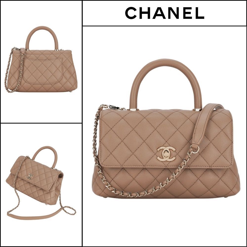【CHANEL】Top Handle Flap Bag Grained Calfskin & Gold Beige