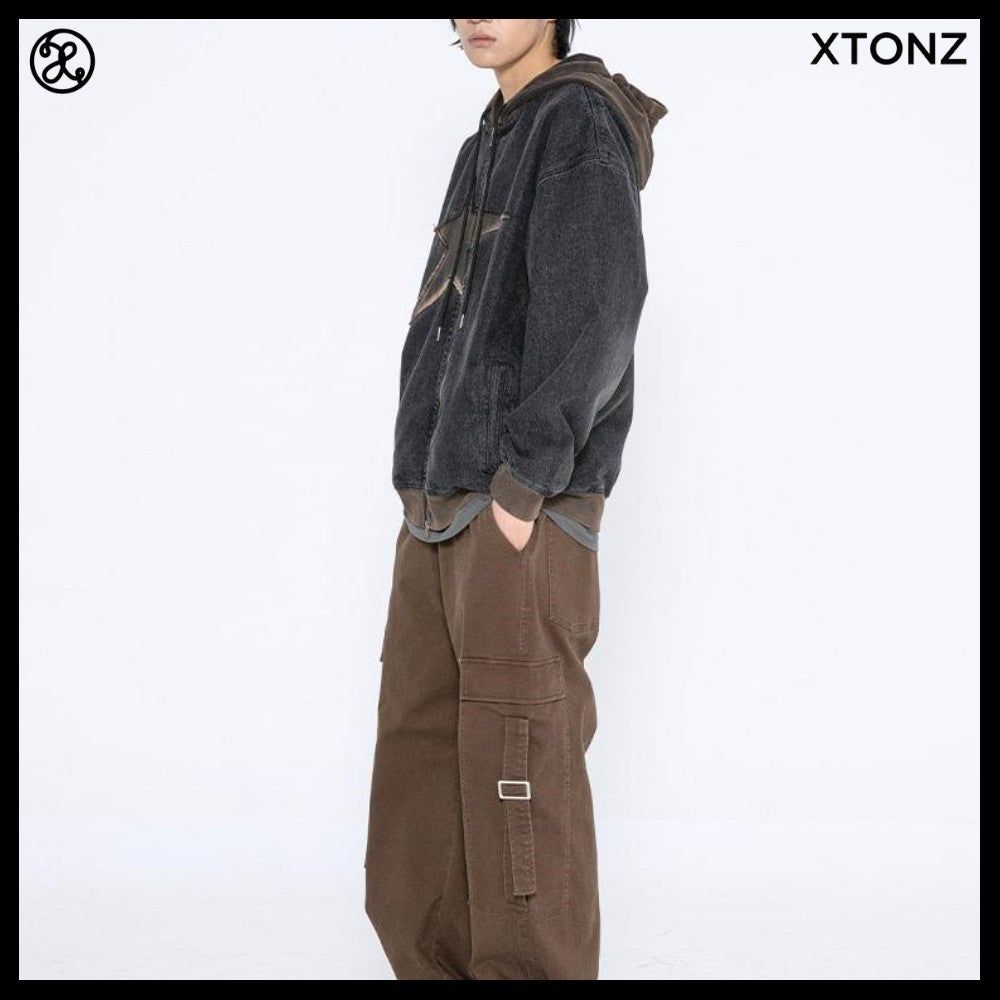 【XTONZ】VINTAGE WASHING STAR DENIM HOODED ZIP-UP 2COLORS