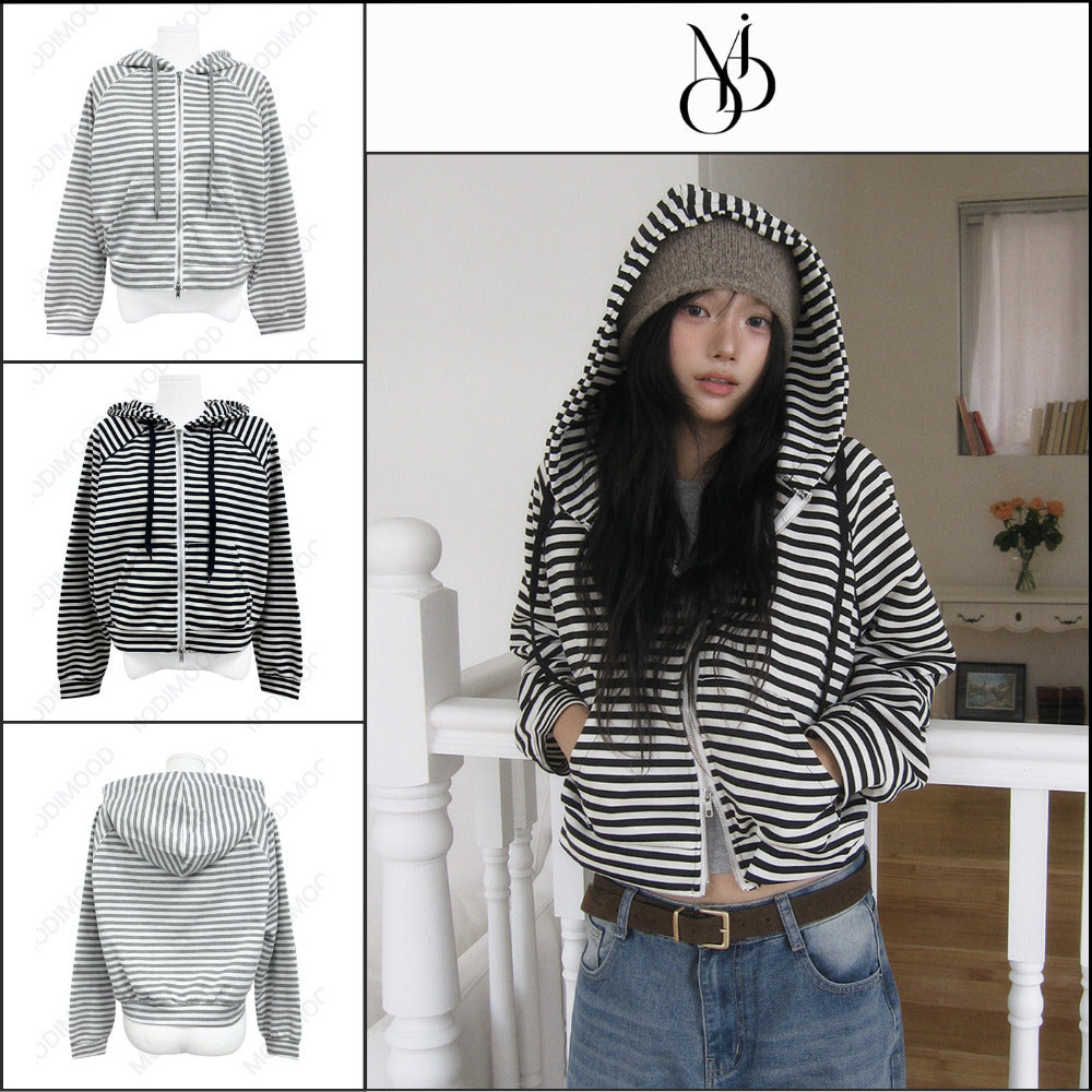 【MODIMOOD】Labu Stripe Two-Way Hoodie Zip-Up 2 Colors