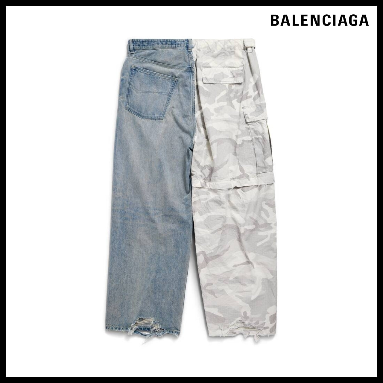 【BALENCIAGA】Grayscale Camo Hybrid Baggy Pants Light Blue