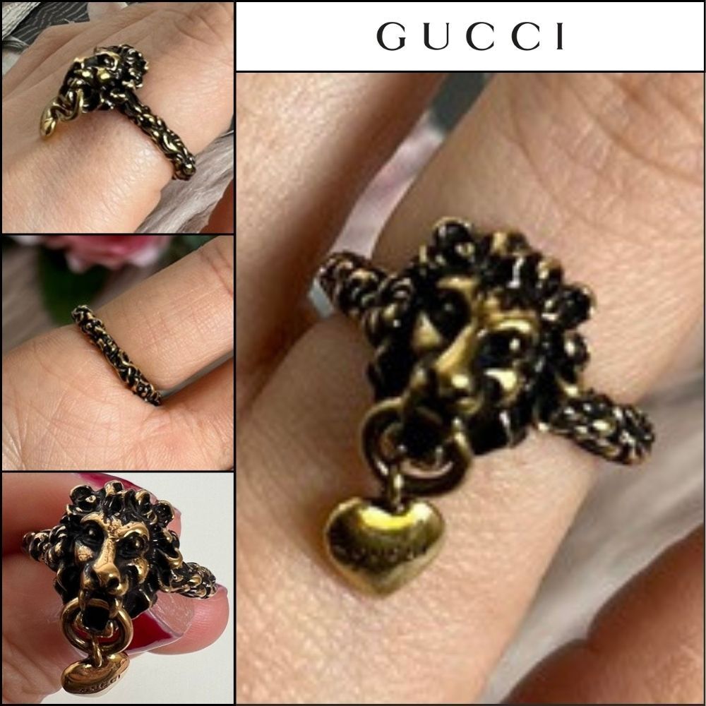 【GUCCI】Lion Head Heart Pendant Ring Gold