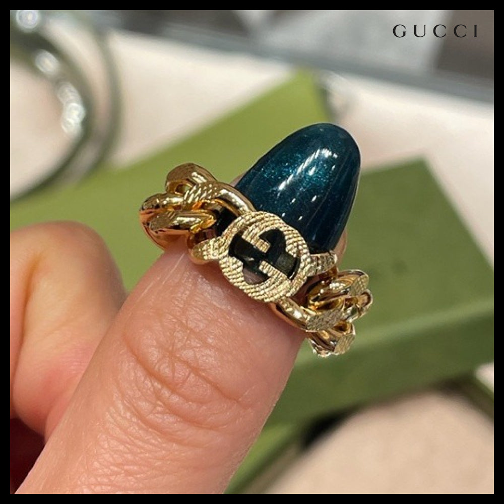 【GUCCI】Interlocking G Grommet Chain Ring Gold