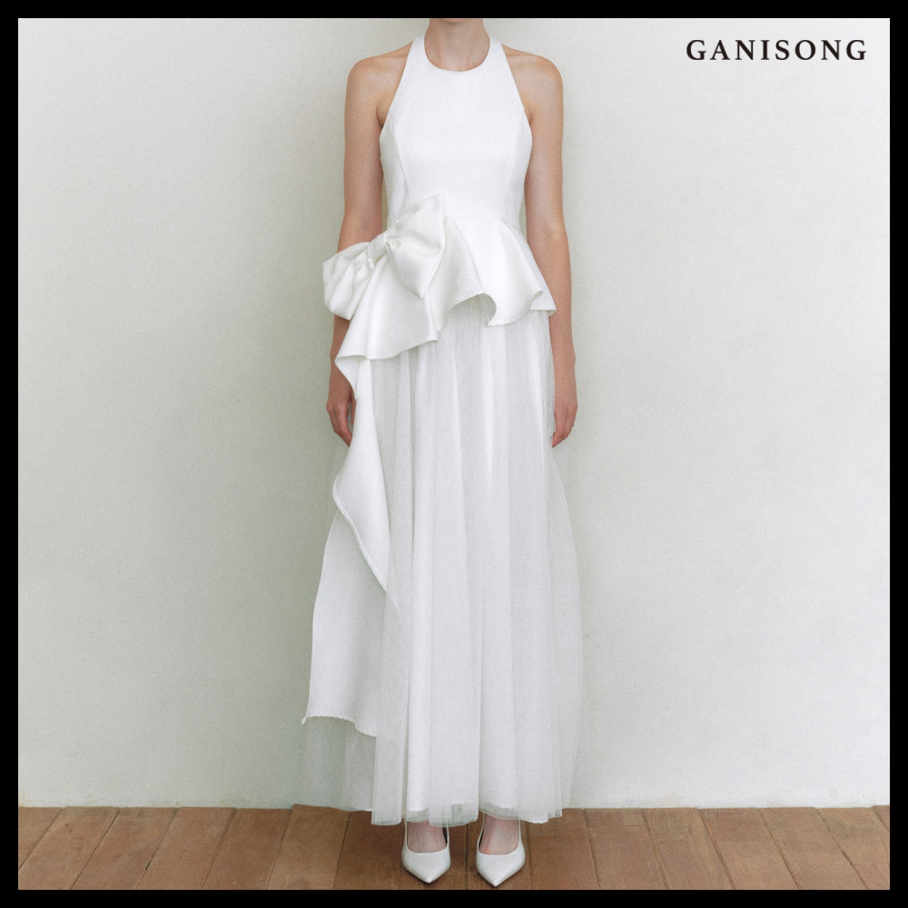 【GANISONG】Bridal Ribbon Swan Dress White