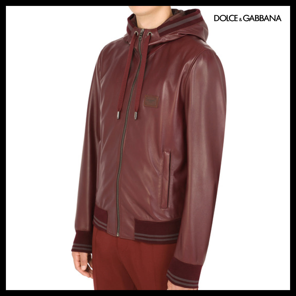【Dolce & Gabbana】LEATHER JACKET WITH HOOD AND BRANDED TAG