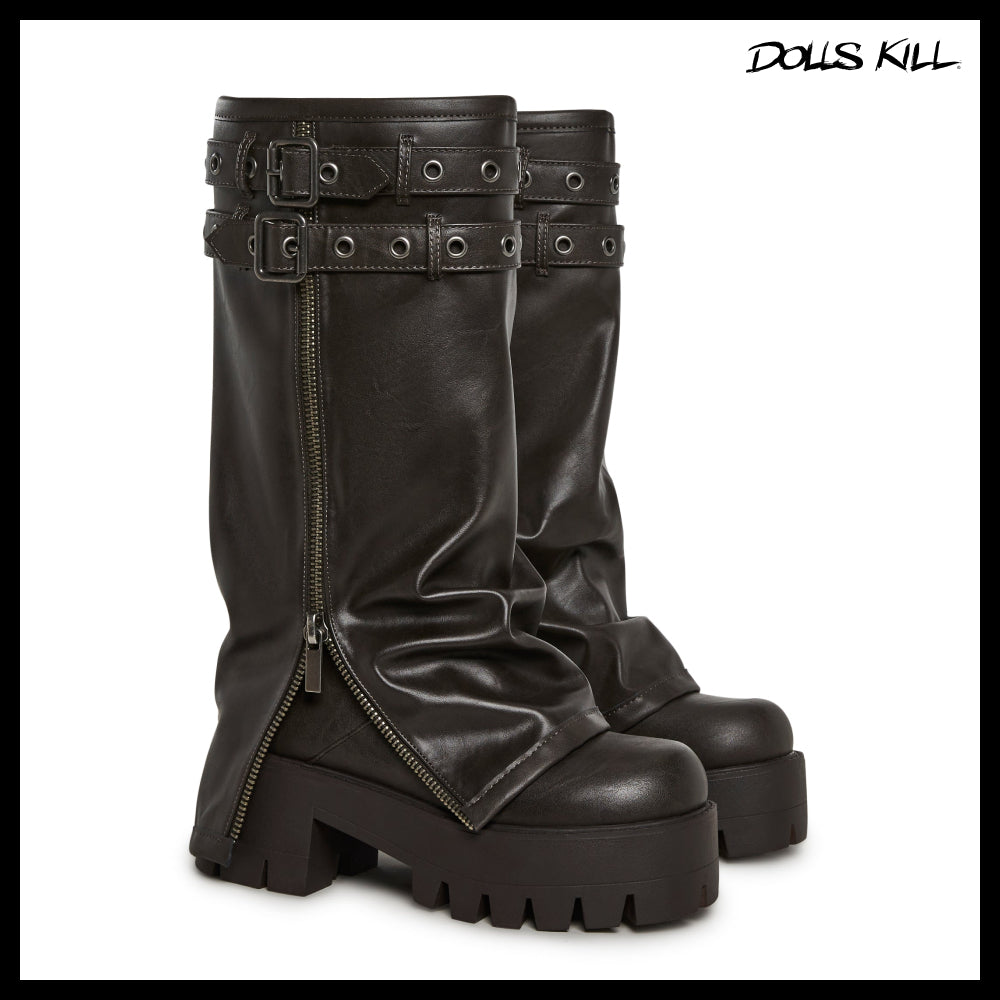 ◆DOLLS KILL◆DARKER WAVS Warp Knee High Pant Boots Brown