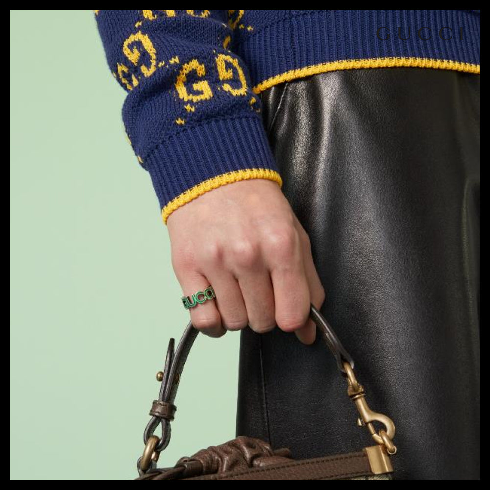 【GUCCI】Interlocking Enamel Silver Ring Green