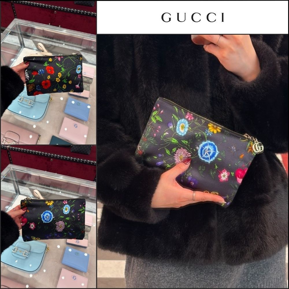 【GUCCI】GG Marmont Flora Print Small Pouch Black Multi