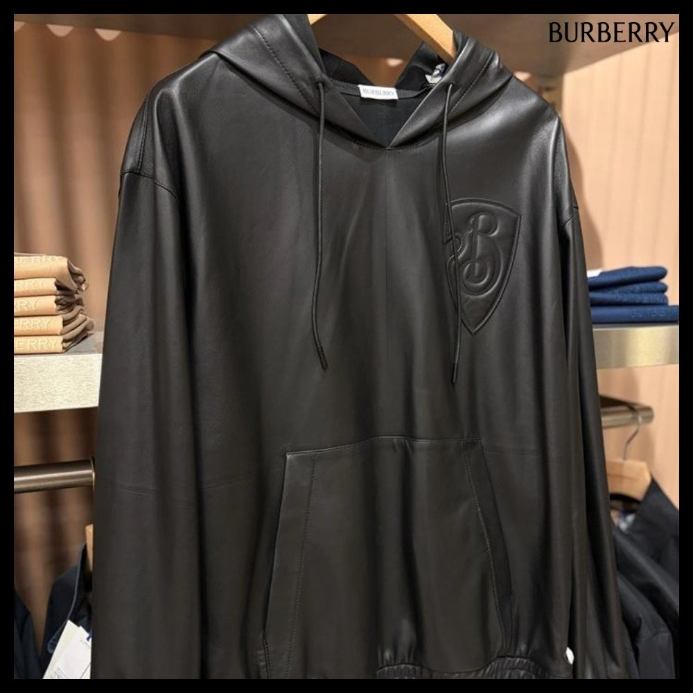 【Burberry】B Shield Lambskin Hooded T-Shirt Black