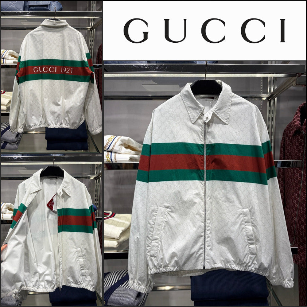 【GUCCI】1921 GG Print Web Cotton Blouson Jacket White Green