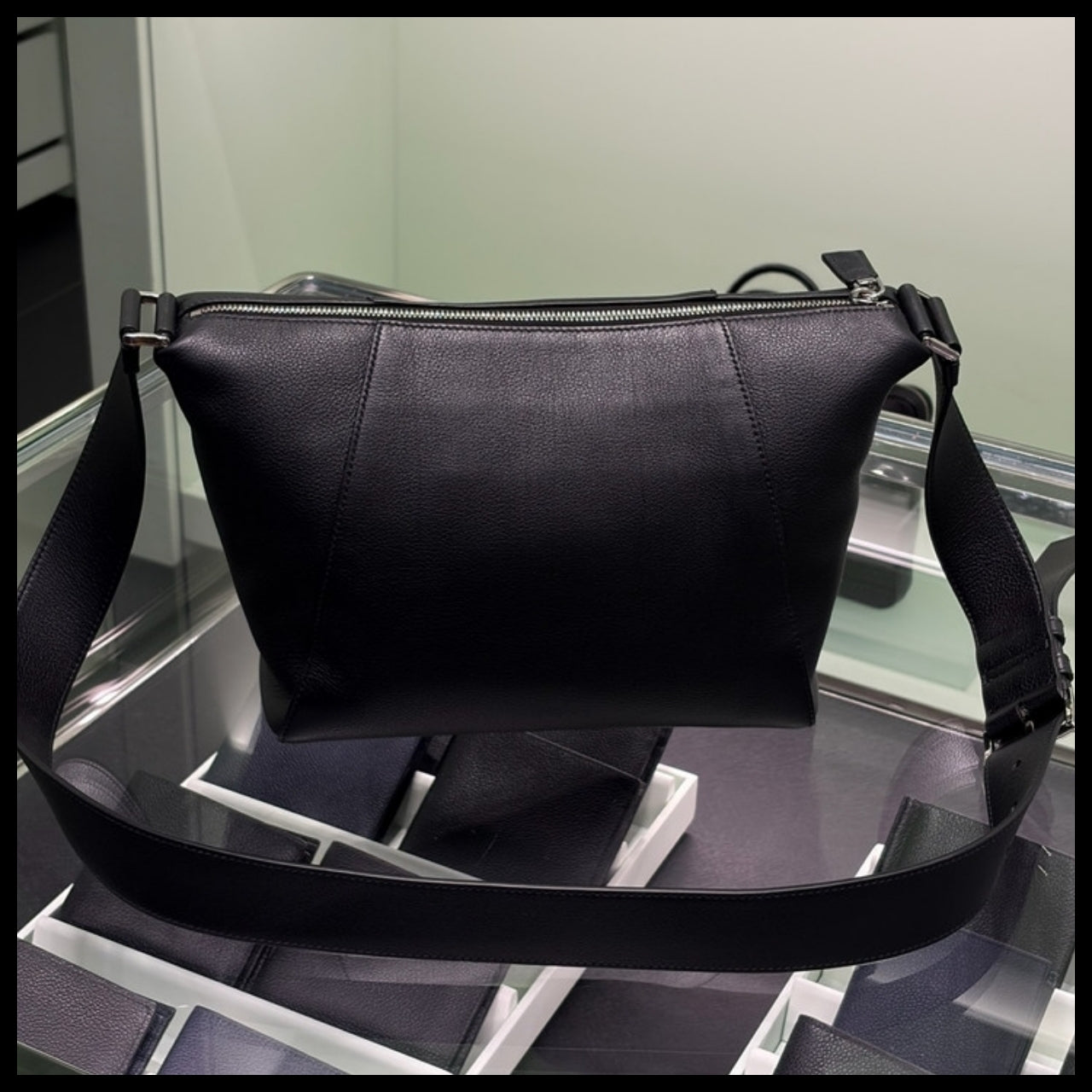 【PRADA】Soft Grained Leather Zipper Crossbody Bag BLACK