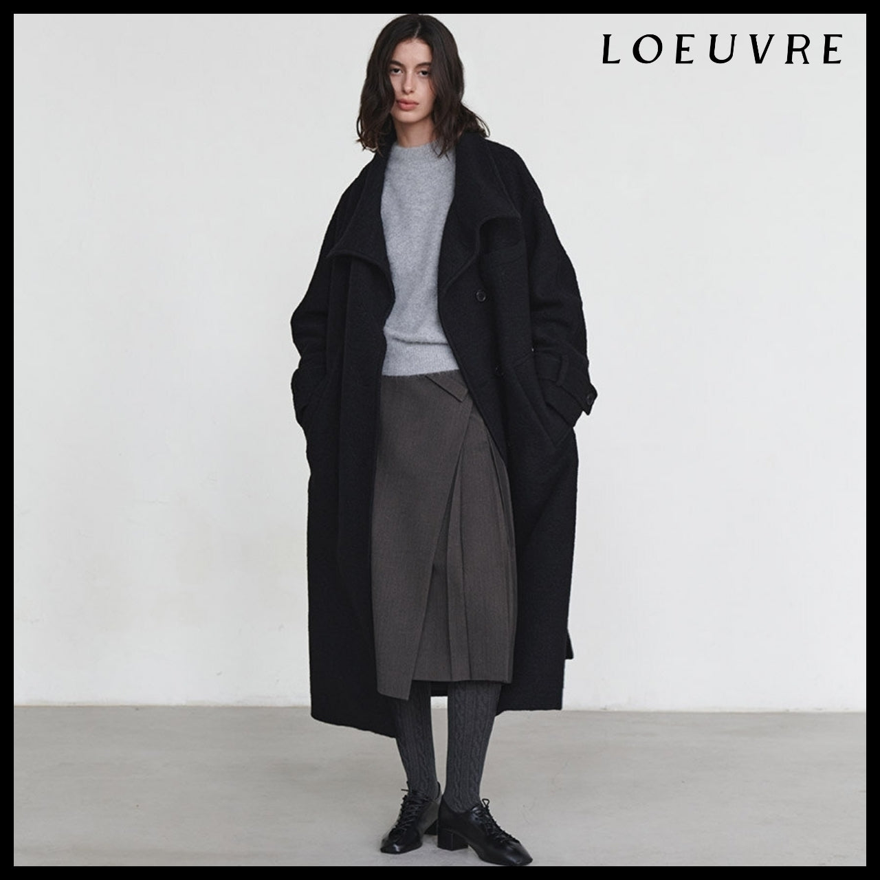 【LOEUVRE】Belted High-Neck Long Coat 3Colors