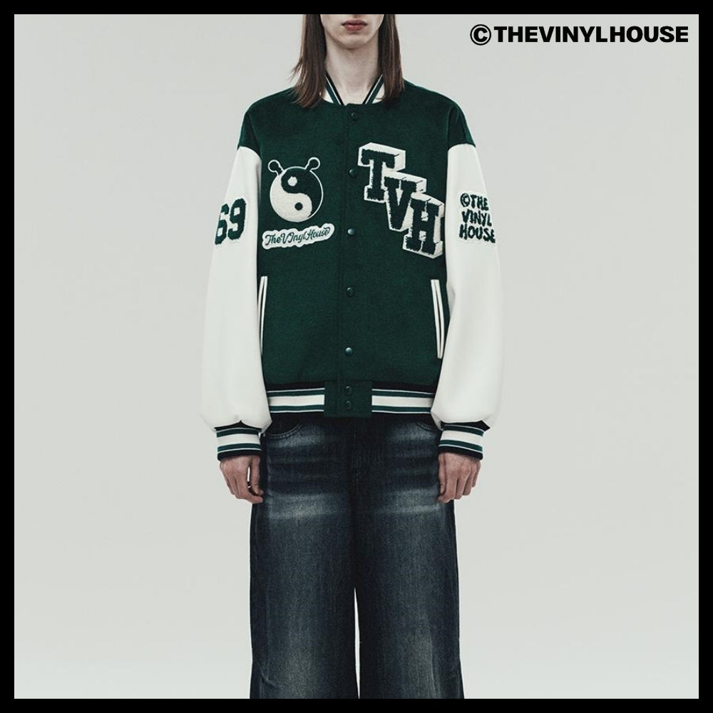 【THEVINYLHOUSE】Yin Yang Varsity Jacket Green
