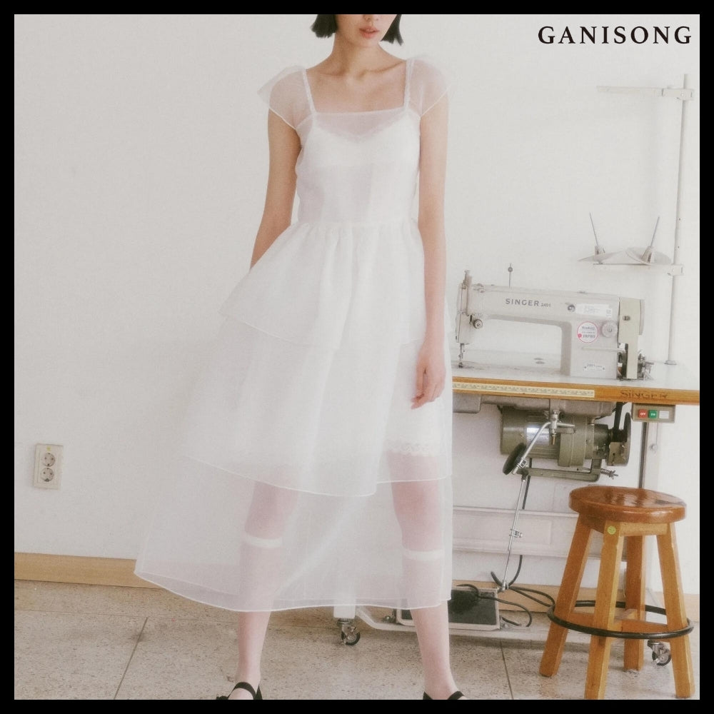 【GANISONG】Bridal Peony Tiered Dress White