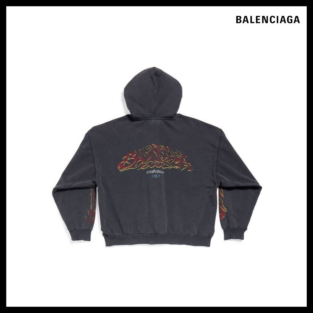 【BALENCIAGA】Offshore Zip-Up Hoodie Medium Fit Black Faded