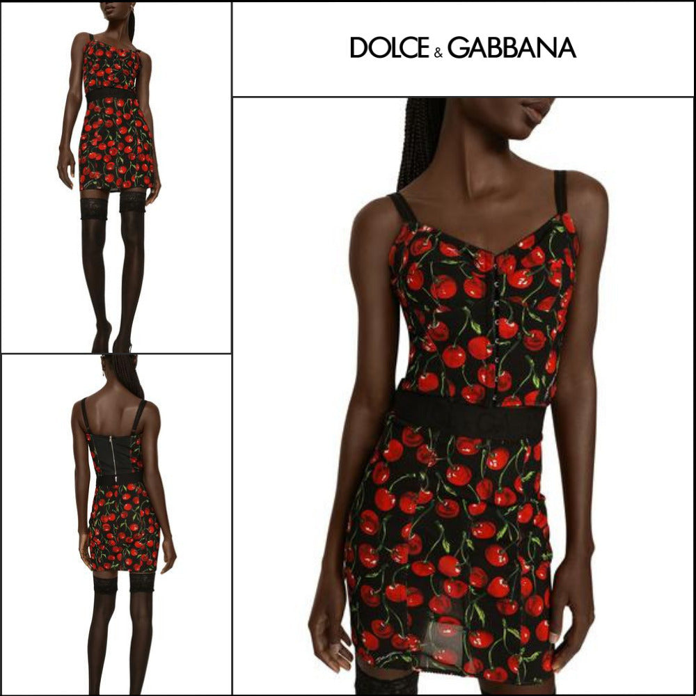 【Dolce&Gabbana】CHERRY PRINT ELASTICATED CORSET TOP