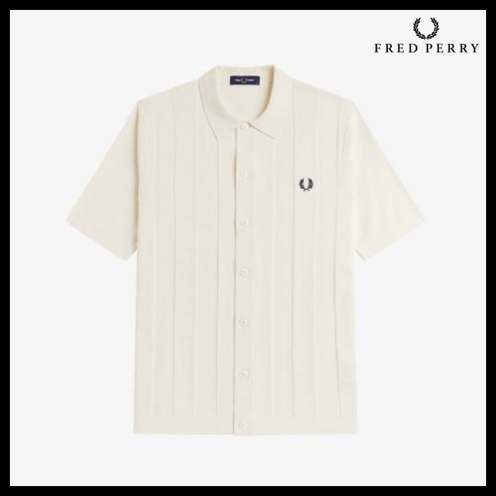 【FRED PERRY】Tonal Vertical Stripe Knit Shirt Ecru