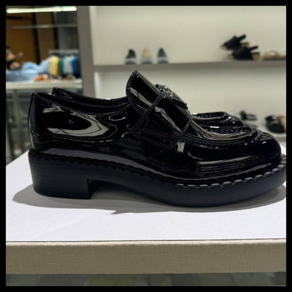 【PRADA】Chocolate Triangle Logo Brushed Leather Loafers