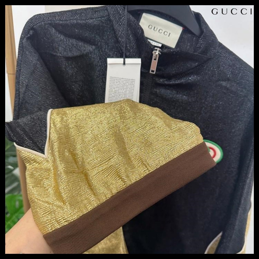 【GUCCI】Interlocking Patch Metallic Two-Tone Zip-Up Jacket