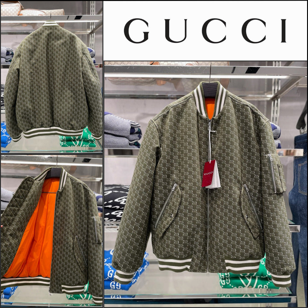 【GUCCI】GG Shadow Jacquard Cotton Bomber Jacket Green White
