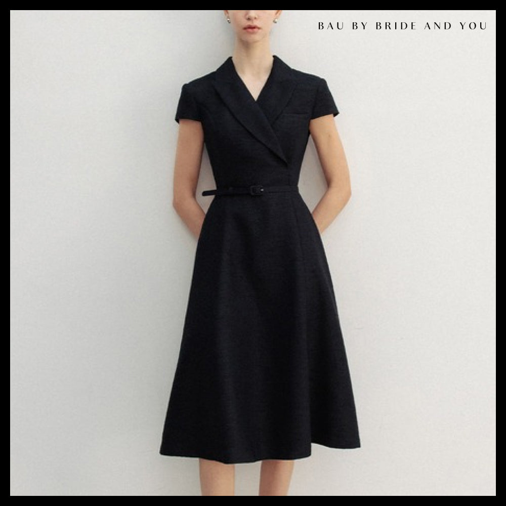 【BAU】VERONICA Peaked collar capsleeve flared midi tweed