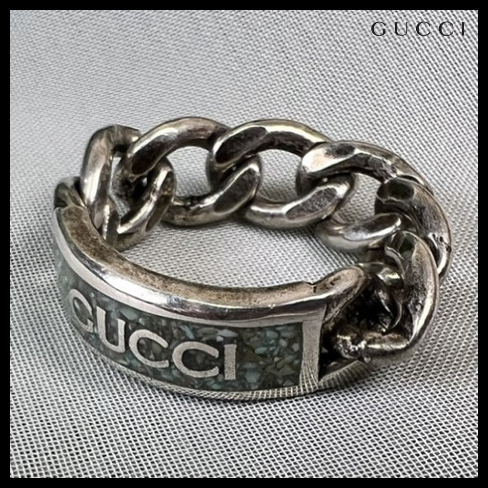 【GUCCI】Logo Enamel Sterling Silver Chain Ring Howlite