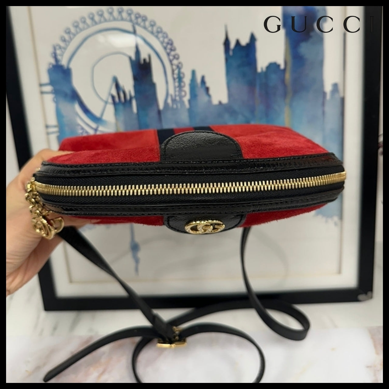 【GUCCI】Ophidia GG Suede Half-Moon Shoulder Bag RED
