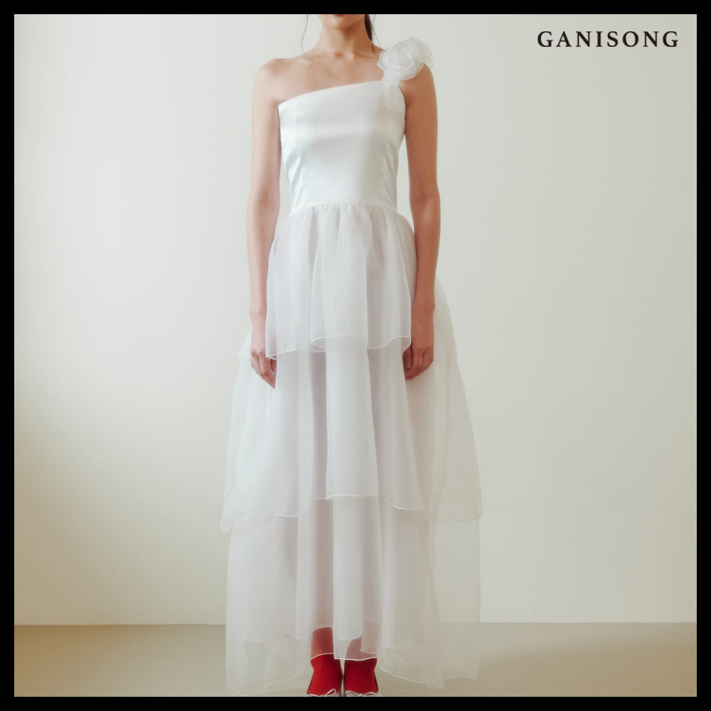 【GANISONG】Bridal Ribbon Tulle Dress White